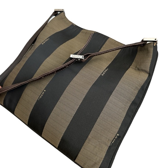 Authentic FENDI Pequin Crossbody Messenger Bag Brown Striped Canvas Vintage - Picture 3 of 13